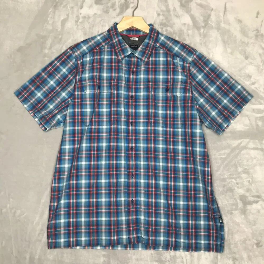 The North Face Shirt Mens Large Blue Red Short Sleeve Button Up Hiking Outdoors